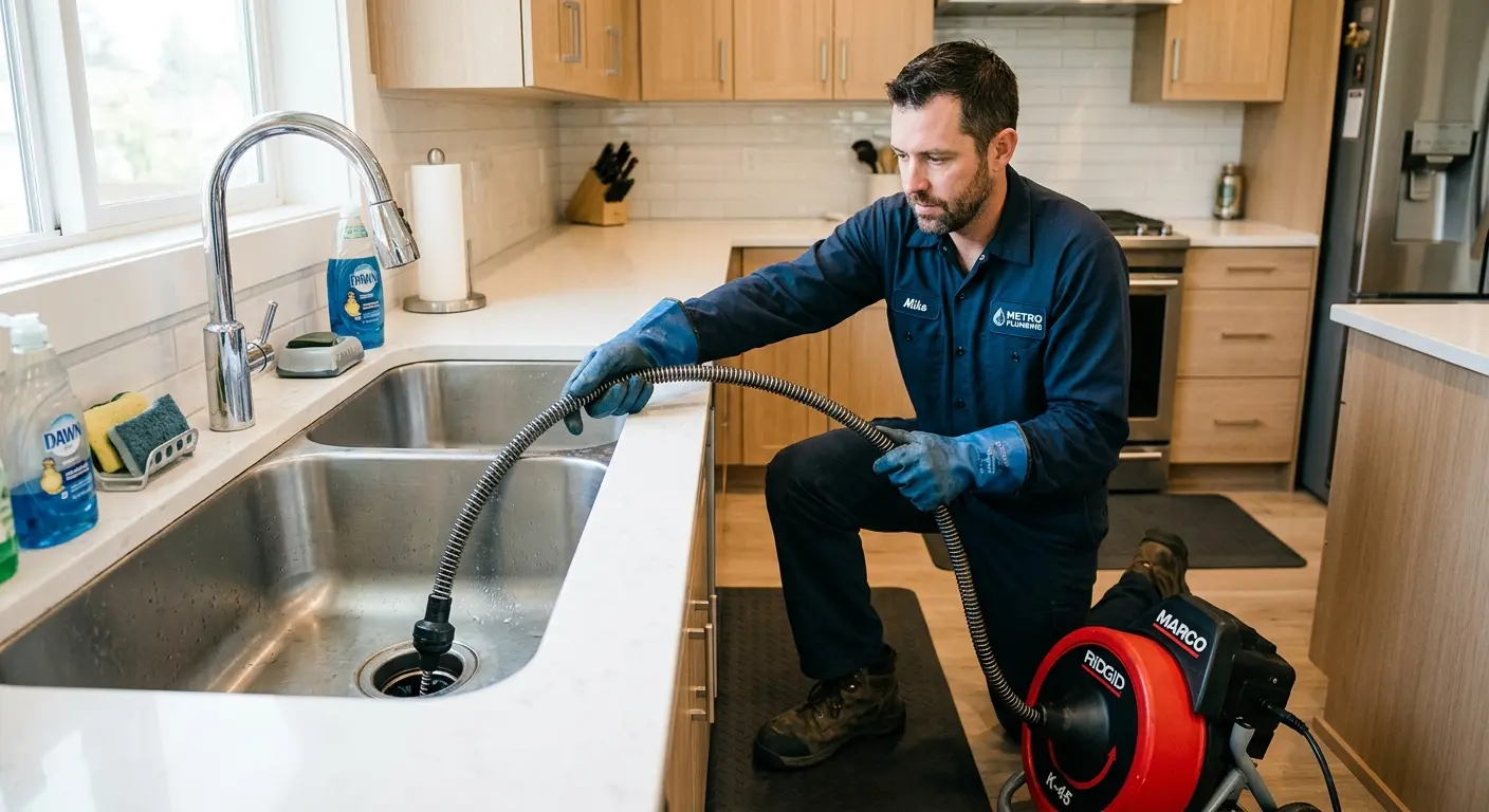 Drain cleaning technician using a motorized snake on a kitchen sink in Springville