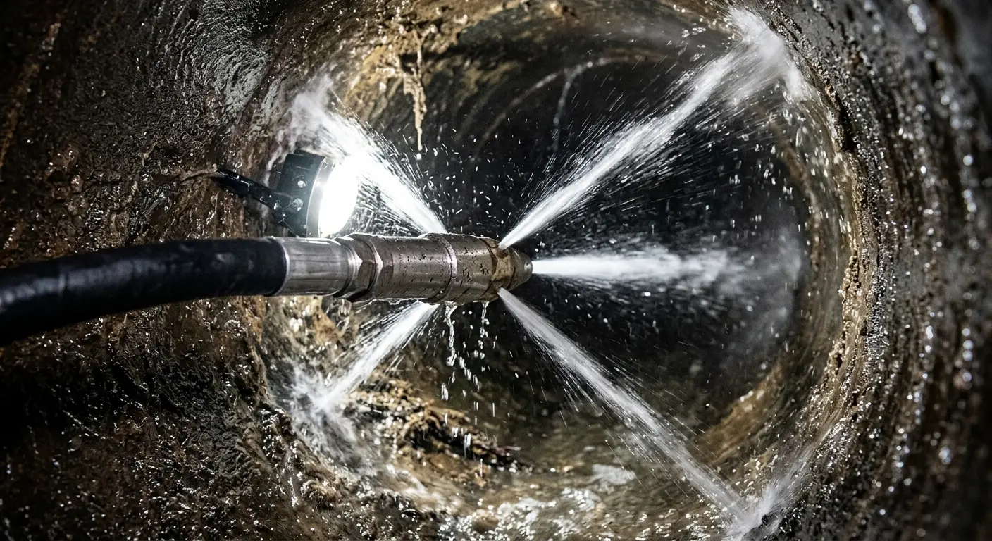 High-pressure hydro jetting nozzle cleaning sewer pipe for Emergency Drain Service in Springville