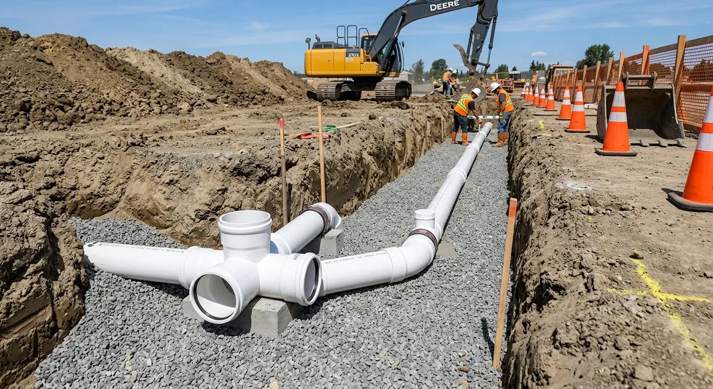 New PVC sewer pipe installation in open trench for Sewer Camera Inspection in Springville