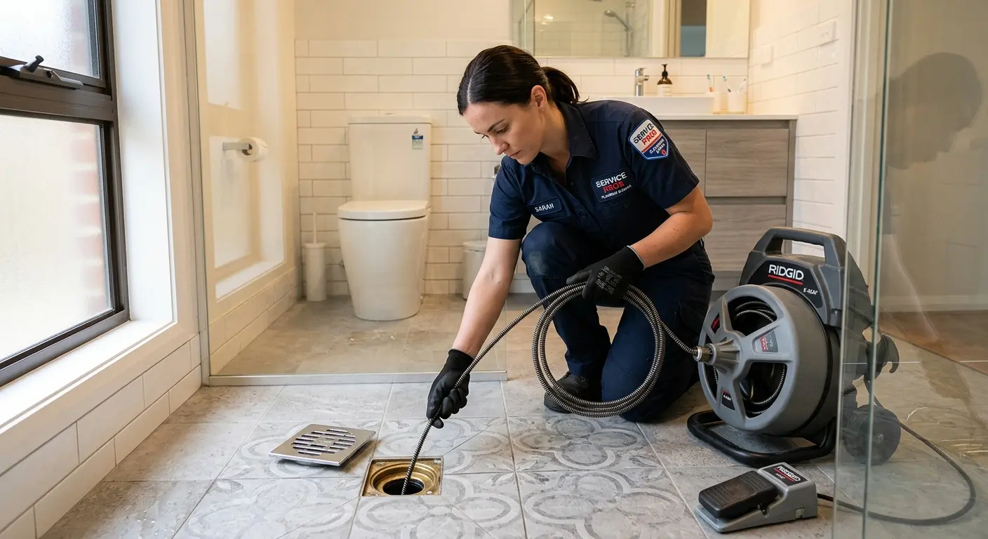 Technician clearing a bathroom floor drain for Sewer Line Replacement in Springville